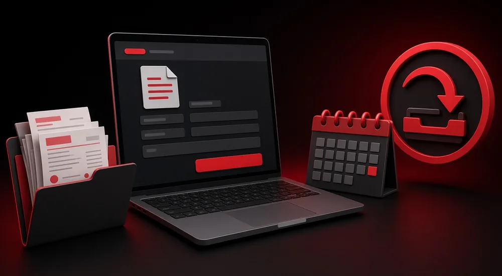 Laptop support request with receipts, calendar and refund icon