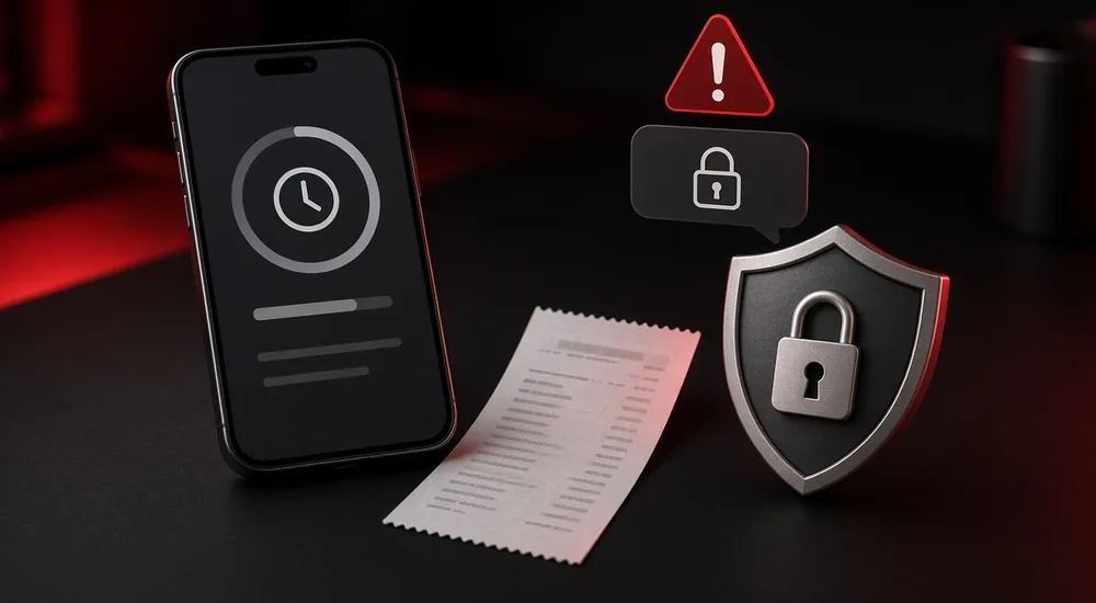 Pending transaction on a phone with a receipt and a payment safety shield