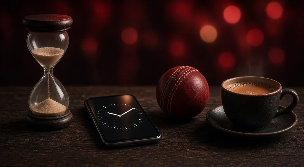 Hourglass, phone timer, cricket ball and chai for taking breaks